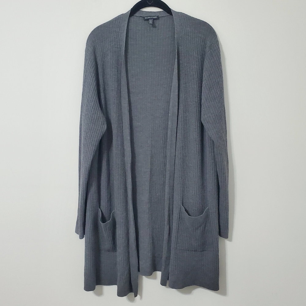 Eileen Fisher Long Open Front Wool Cardigan Gray Women XL